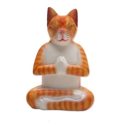 Alternate image for Signed Wood Sculpture of a Meditating Cat in Orange Meditation Cat in Orange