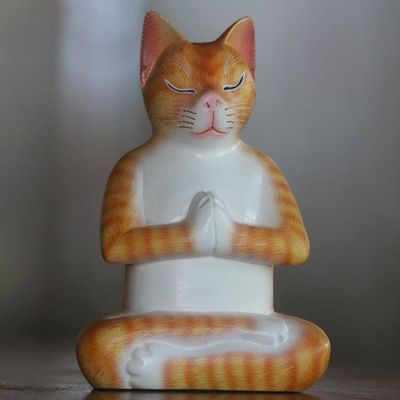 Alternate image for Signed Wood Sculpture of a Meditating Cat in Orange Meditation Cat in Orange