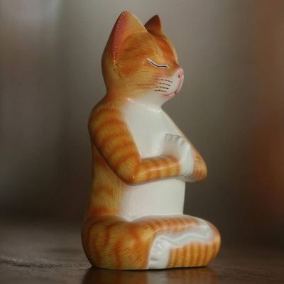 Alternate image for Signed Wood Sculpture of a Meditating Cat in Orange Meditation Cat in Orange