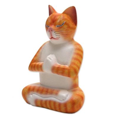 Alternate image for Signed Wood Sculpture of a Meditating Cat in Orange Meditation Cat in Orange