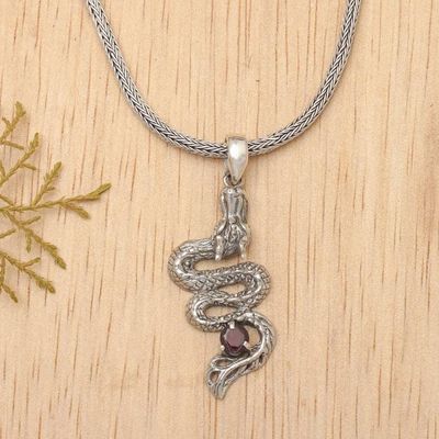 Primary image for Mens Dragon Pendant Necklace in Sterling Silver and Garnet Young Dragon