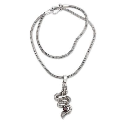 Alternate image for Mens Dragon Pendant Necklace in Sterling Silver and Garnet Young Dragon
