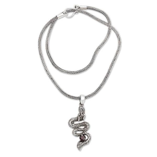 Alternate image for Mens Dragon Pendant Necklace in Sterling Silver and Garnet Young Dragon