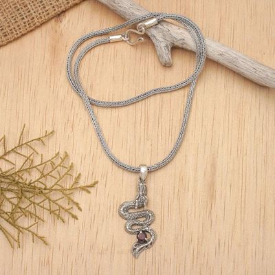 Alternate image for Mens Dragon Pendant Necklace in Sterling Silver and Garnet Young Dragon