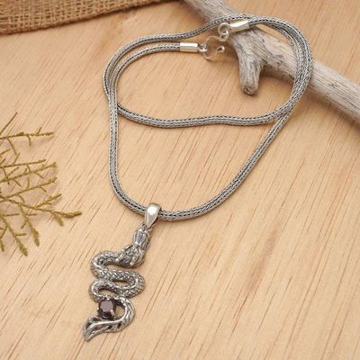 Alternate image for Mens Dragon Pendant Necklace in Sterling Silver and Garnet Young Dragon