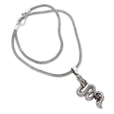 Alternate image for Mens Dragon Pendant Necklace in Sterling Silver and Garnet Young Dragon