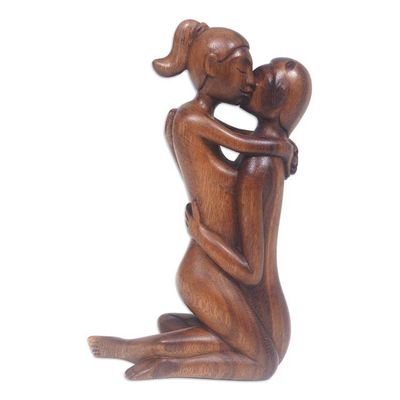 Alternate image for Polished Hand-Carved Suar Wood Sculpture of a Couple I Miss You