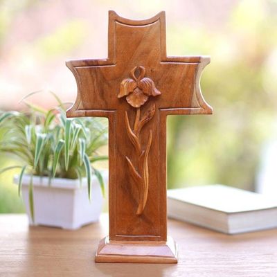 Alternate image for Handmade Suar Wood Cross Sculpture Blessed is Jesus