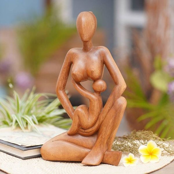 Alternate image for Hand Carved Mother and Child Suar Wood Sculpture from Bali Mothers Care