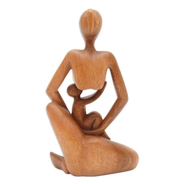 Alternate image for Hand Carved Mother and Child Suar Wood Sculpture from Bali Mothers Care