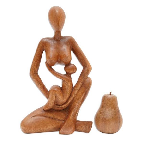 Alternate image for Hand Carved Mother and Child Suar Wood Sculpture from Bali Mothers Care