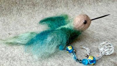Alternate image for Needle Felted Hummingbird Sun Catcher named Flicker – Handmade Fiber Art Bird Ornament