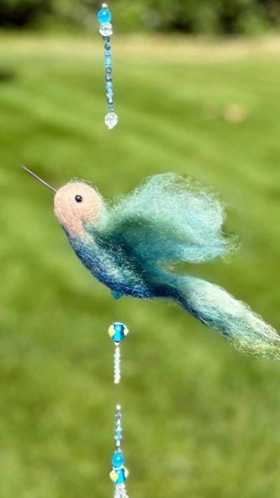 Alternate image for Needle Felted Hummingbird Sun Catcher named Flicker – Handmade Fiber Art Bird Ornament