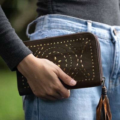Primary image for Hand Crafted Brown Leather Wallet Clutch from Bali Borobudur Stars in Chocolate