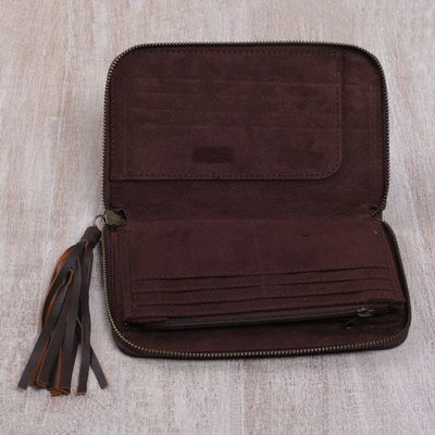 Alternate image for Hand Crafted Brown Leather Wallet Clutch from Bali Borobudur Stars in Chocolate