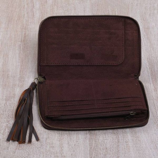 Alternate image for Hand Crafted Brown Leather Wallet Clutch from Bali Borobudur Stars in Chocolate