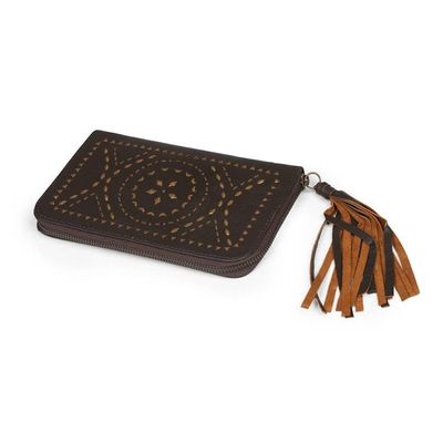 Alternate image for Hand Crafted Brown Leather Wallet Clutch from Bali Borobudur Stars in Chocolate
