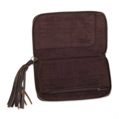 Alternate image for Hand Crafted Brown Leather Wallet Clutch from Bali Borobudur Stars in Chocolate
