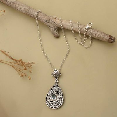 Primary image for Blue Topaz Silver Pendant Necklace with Floral Leaf Motifs Lotus Blooms