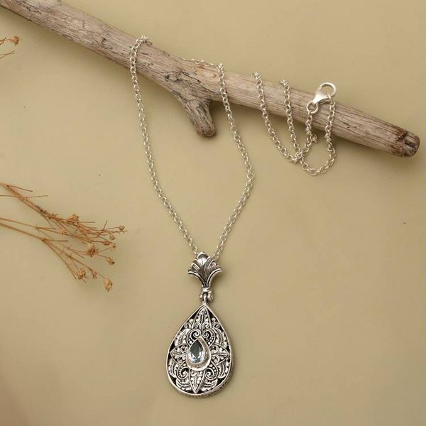 Alternate image for Blue Topaz Silver Pendant Necklace with Floral Leaf Motifs Lotus Blooms