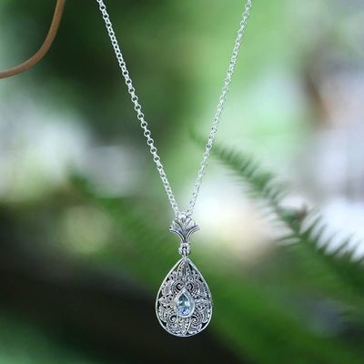 Alternate image for Blue Topaz Silver Pendant Necklace with Floral Leaf Motifs Lotus Blooms