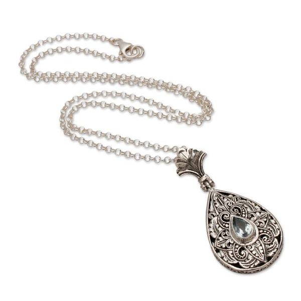 Alternate image for Blue Topaz Silver Pendant Necklace with Floral Leaf Motifs Lotus Blooms