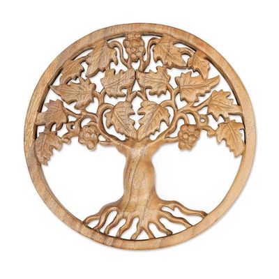 Alternate image for Hand-Carved Suar Wood Relief Panel of Tree and Berries Blooming Berries