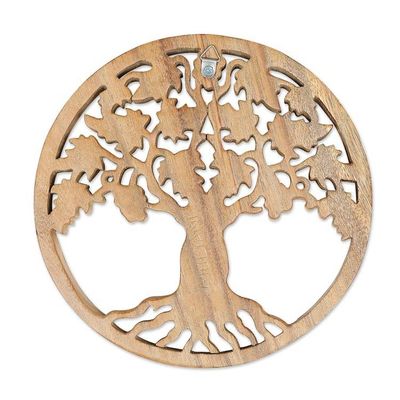 Alternate image for Hand-Carved Suar Wood Relief Panel of Tree and Berries Blooming Berries