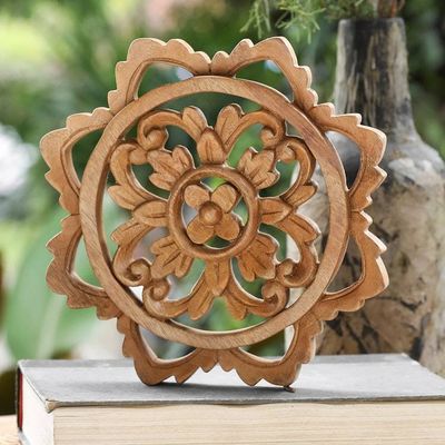 Alternate image for Hand-Carved Traditional Floral Suar Wood Relief Panel Edens Sunrise