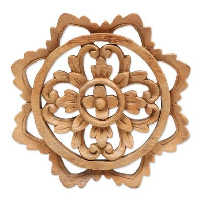 Alternate image for Hand-Carved Traditional Floral Suar Wood Relief Panel Edens Sunrise