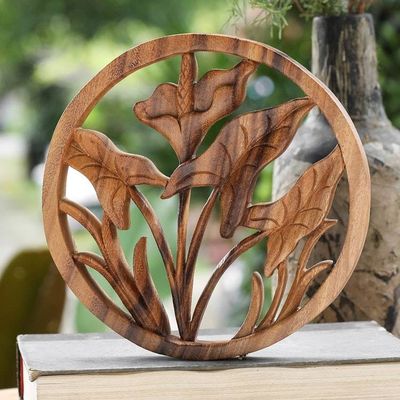 Primary image for Hand-Carved Traditional Lily-Themed Suar Wood Relief Panel Innocent Lily