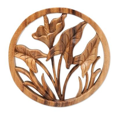 Alternate image for Hand-Carved Traditional Lily-Themed Suar Wood Relief Panel Innocent Lily