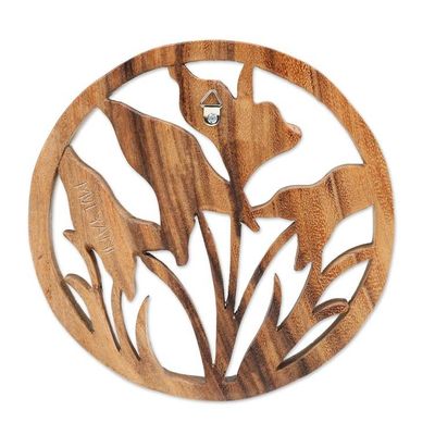 Alternate image for Hand-Carved Traditional Lily-Themed Suar Wood Relief Panel Innocent Lily