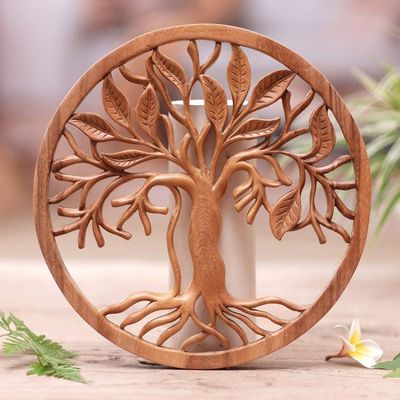 Primary image for Hand-Carved Tree and Leaf Relief Panel in Natural Brown Tone Leafy Rebirth