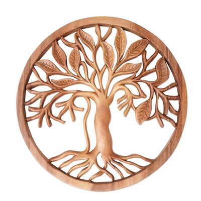 Alternate image for Hand-Carved Tree and Leaf Relief Panel in Natural Brown Tone Leafy Rebirth