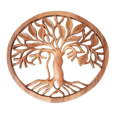 Alternate image for Hand-Carved Tree and Leaf Relief Panel in Natural Brown Tone Leafy Rebirth