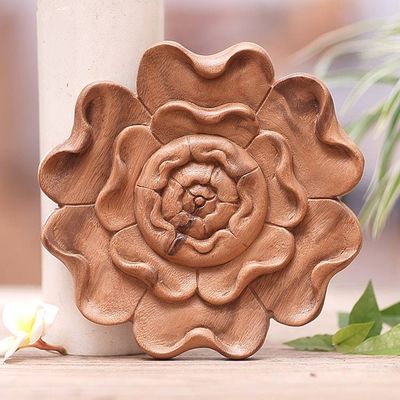 Primary image for Floral Suar Wood Relief Panel in Brown Hand-Carved in Bali Petal Awakening