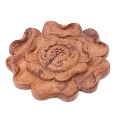 Alternate image for Floral Suar Wood Relief Panel in Brown Hand-Carved in Bali Petal Awakening