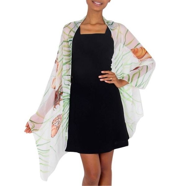 Alternate image for Handpainted White Silk Shawl with Seashells Balinese Seashells