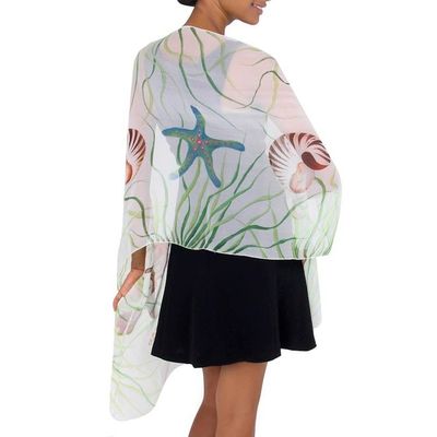 Alternate image for Handpainted White Silk Shawl with Seashells Balinese Seashells