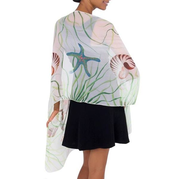 Alternate image for Handpainted White Silk Shawl with Seashells Balinese Seashells