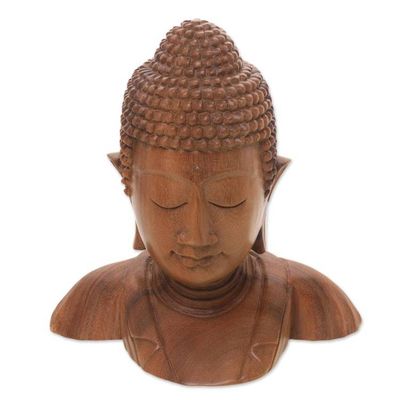 Alternate image for Hand Carved Suar Wood Buddhas Head Statuette from Bali Serenity of Buddha