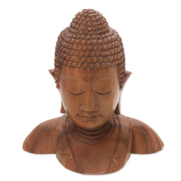 Alternate image for Hand Carved Suar Wood Buddhas Head Statuette from Bali Serenity of Buddha