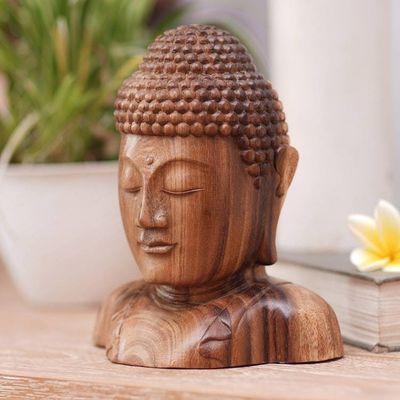 Alternate image for Hand Carved Suar Wood Buddhas Head Statuette from Bali Serenity of Buddha