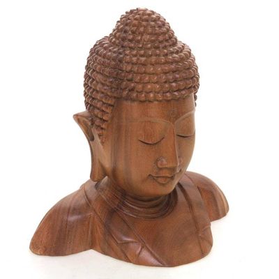Alternate image for Hand Carved Suar Wood Buddhas Head Statuette from Bali Serenity of Buddha