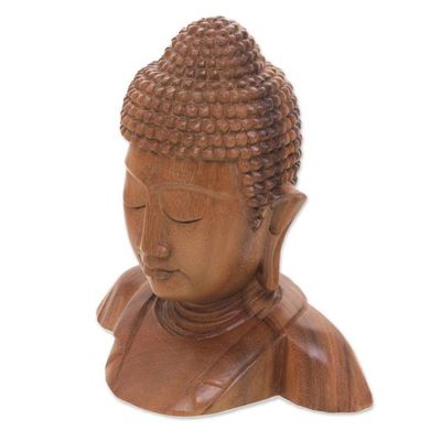 Alternate image for Hand Carved Suar Wood Buddhas Head Statuette from Bali Serenity of Buddha