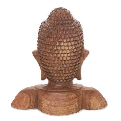 Alternate image for Hand Carved Suar Wood Buddhas Head Statuette from Bali Serenity of Buddha