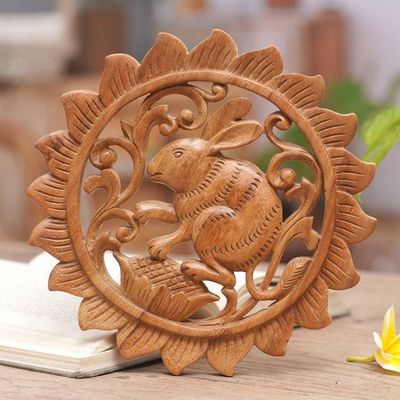 Primary image for Rabbit-Themed Relief Panel Hand-Carved from Wood in Bali Adorable Rabbit