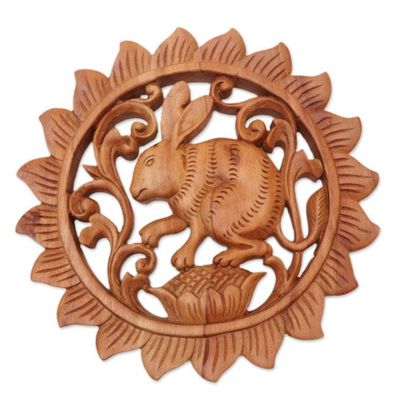 Alternate image for Rabbit-Themed Relief Panel Hand-Carved from Wood in Bali Adorable Rabbit