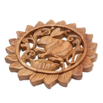 Alternate image for Rabbit-Themed Relief Panel Hand-Carved from Wood in Bali Adorable Rabbit